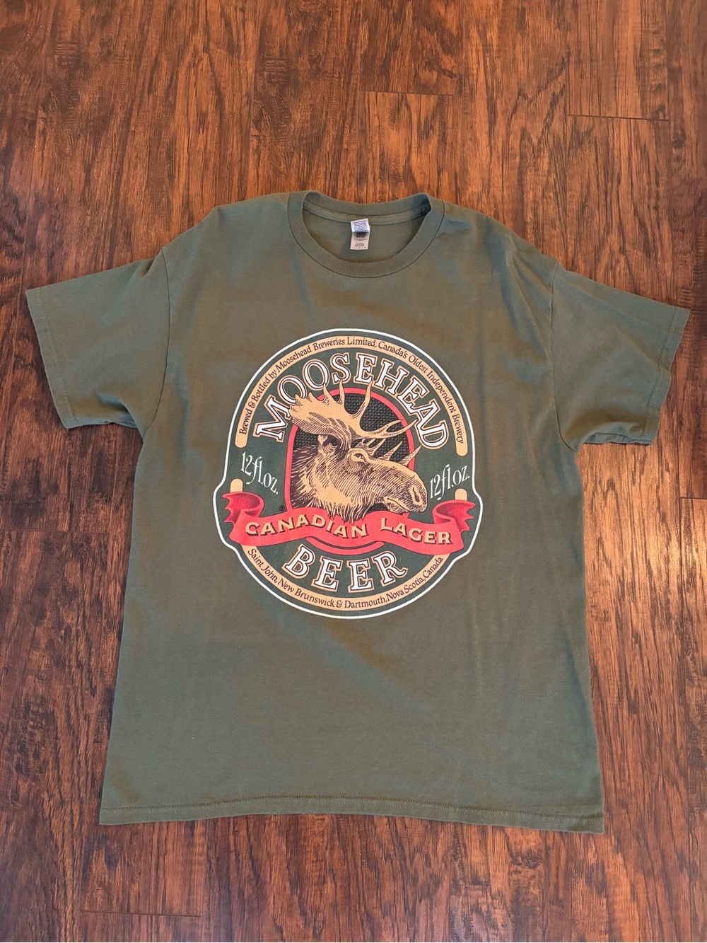 Gildan Olive Green Moosehead Beer Graphic Tee with Red Accents